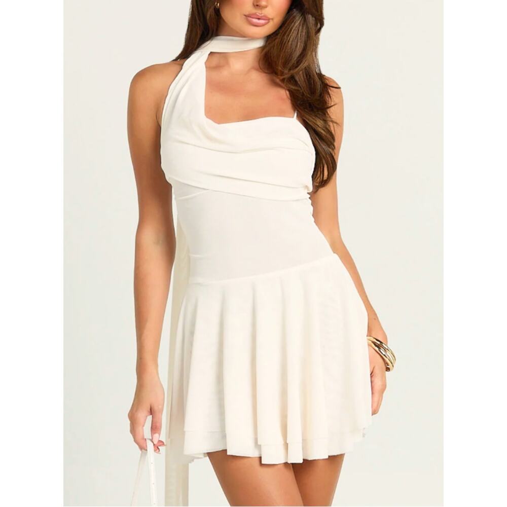 Showpo Cream Mini Dress Size 8 Fit and Flare Cami Bridal Summer Wedding Boho